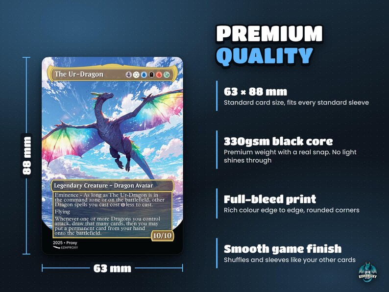 Card size 63 x 88 mm on premium 330gsm black-core card stock, standard sleeve size, full-bleed print