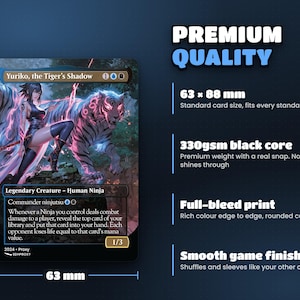Card size 63 x 88 mm on premium 330gsm black-core card stock, standard sleeve size, full-bleed print