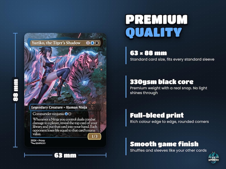 Card size 63 x 88 mm on premium 330gsm black-core card stock, standard sleeve size, full-bleed print