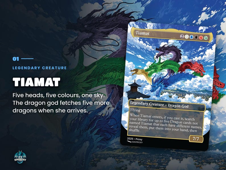 Card spotlight: Tiamat from the The Ur-Dragon Commander EDH proxy deck, full-art anime illustration up close