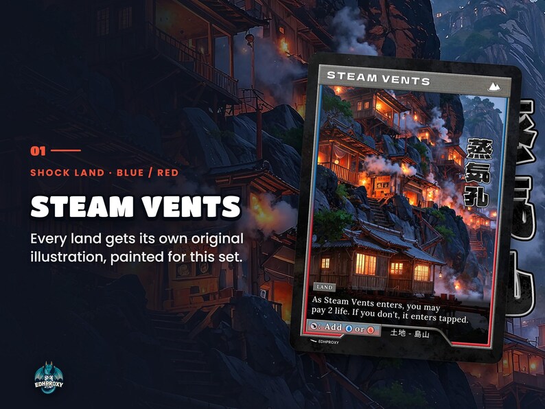 Spotlight: Steam Vents proxy land card, original art up close, blue-red colour pair