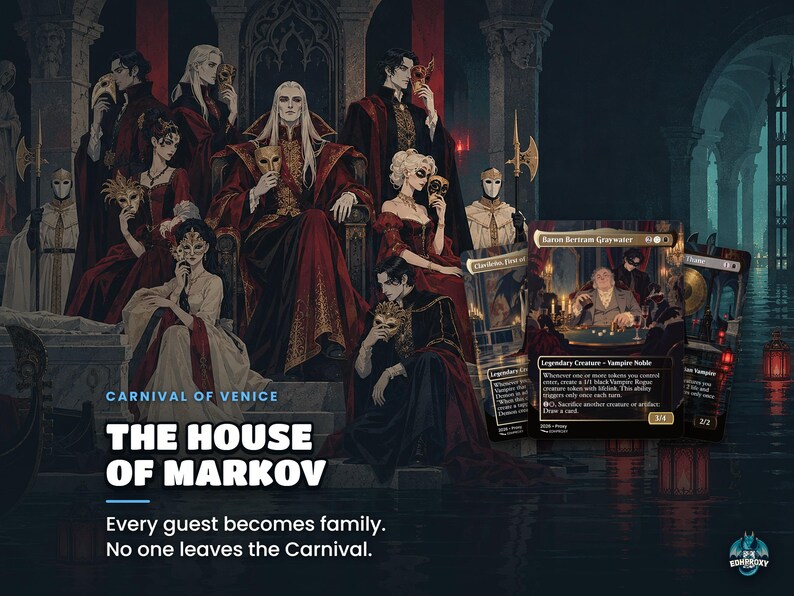 Carnival of Venice: Every guest becomes family. No one leaves the Carnival. Story key art for the Edgar Markov · Carnival of Venice Commander EDH proxy deck