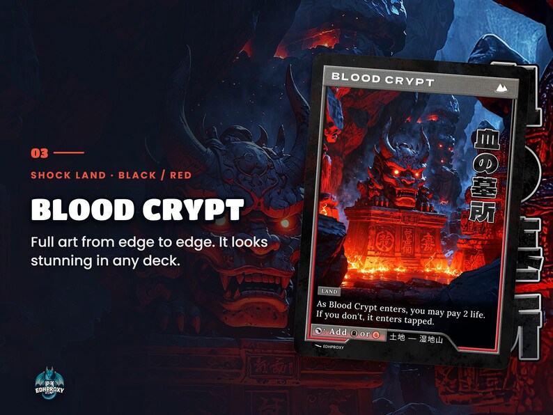Spotlight: Blood Crypt proxy land card, original art up close, black-red colour pair