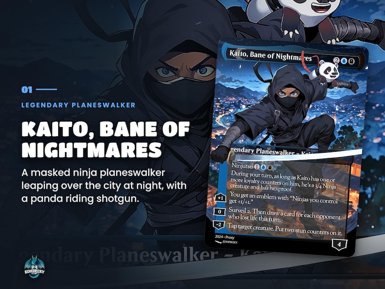 Card spotlight: Kaito, Bane of Nightmares from the Yuriko Ninjas Commander EDH proxy deck, full-art anime illustration up close