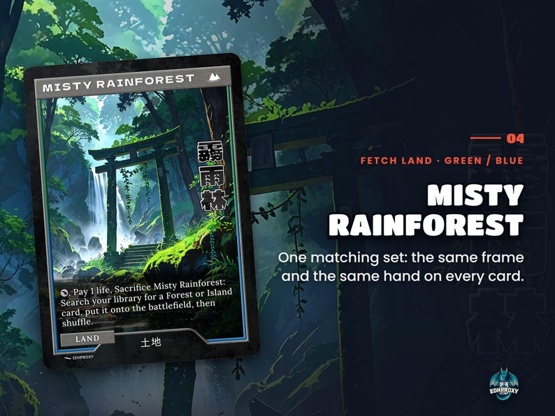 Spotlight: Misty Rainforest proxy land card, original art up close, green-blue colour pair