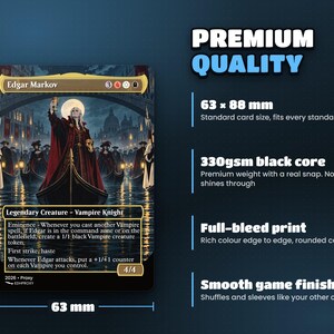 Card size 63 x 88 mm on premium 330gsm black-core card stock, standard sleeve size, full-bleed print