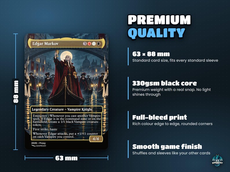Card size 63 x 88 mm on premium 330gsm black-core card stock, standard sleeve size, full-bleed print