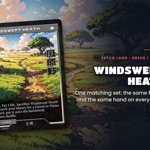 Spotlight: Windswept Heath proxy land card, original art up close, green-white colour pair