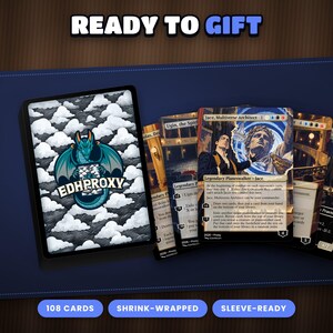 The Jace, Multiverse Architect · The Great Transposition Show proxy deck as a gift for an EDH / Commander player: card stack, custom back and illustrated fronts