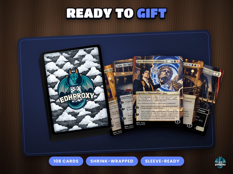The Jace, Multiverse Architect · The Great Transposition Show proxy deck as a gift for an EDH / Commander player: card stack, custom back and illustrated fronts