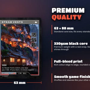 Card size 63 x 88 mm on premium 330gsm black-core card stock, standard sleeve size
