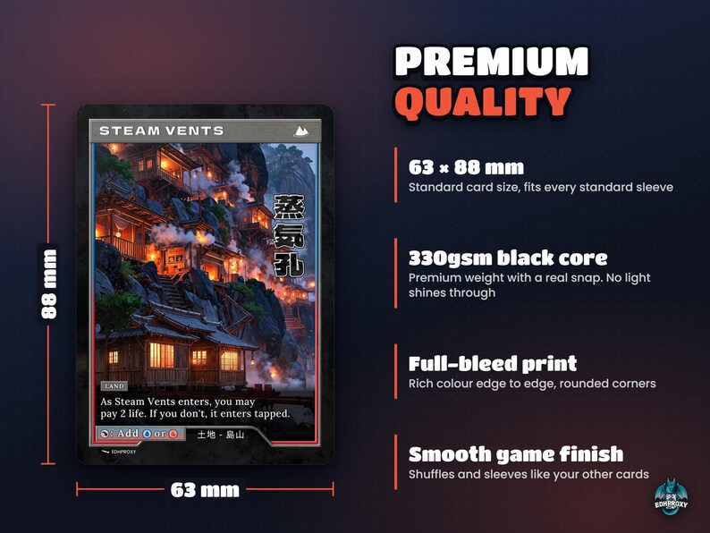Card size 63 x 88 mm on premium 330gsm black-core card stock, standard sleeve size