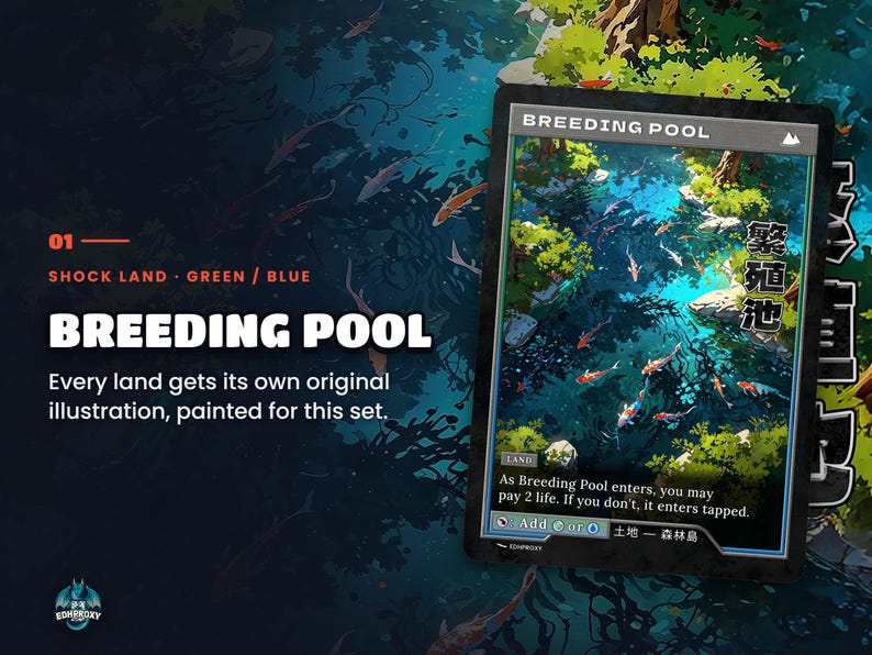 Spotlight: Breeding Pool proxy land card, original art up close, green-blue colour pair