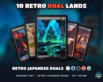 Retro Dual Lands Proxy Set, 10 Full-Art Custom Land Cards, Vintage Japanese-Style Frame, EDH Commander Playtest Cards