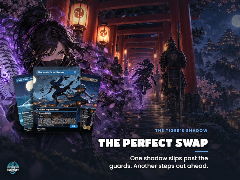The Tiger's Shadow: One shadow slips past the guards. Another steps out ahead. Story key art for the Yuriko Ninjas Commander EDH proxy deck