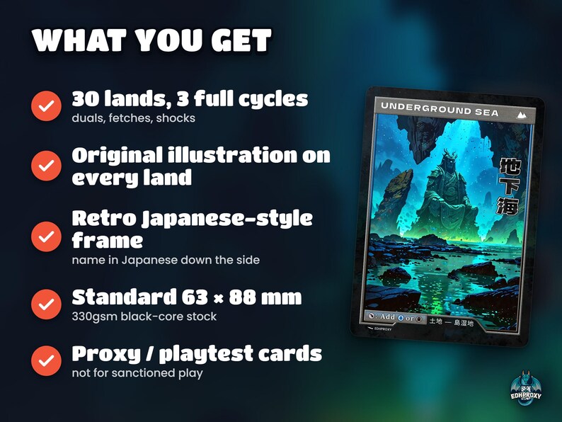 What you get: 30 land cards with original art, standard size, sleeve-ready