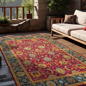 Peut inclure: Un tapis rouge, bleu et jaune à motifs floraux est placé sur un sol en bois dans une pièce avec un mur en pierre et une grande fenêtre donnant sur une forêt verdoyante.