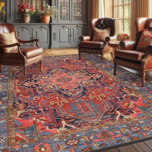 Tappeto orientale tradizionale, rosso brillante e blu navy, tappeto di grandi dimensioni
