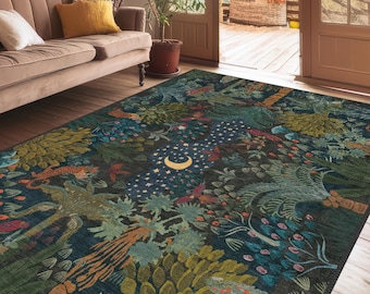 Whimsical Night Sky Rug, Moon, Stars and Lush Jungle Vibes, Boho Nature Rug, Vibrant Carpet for Living Spaces, Artistic Moon Forest Rug