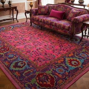 May include: A colourful, patterned rug with a hot pink central field and a detailed border. The border incorporates purple, teal, orange, and red. The rug is in a living room with a matching sofa, creating a cohesive design.