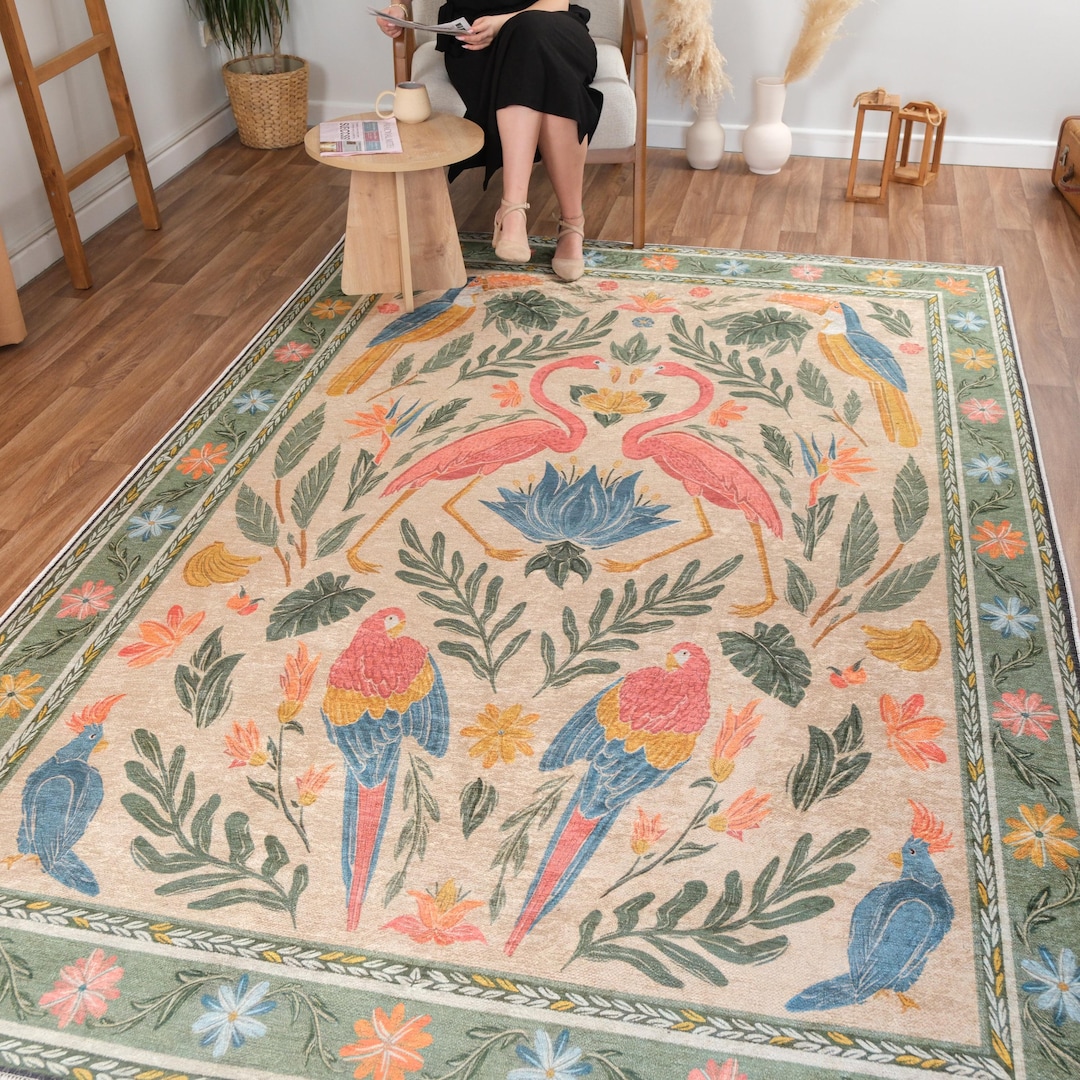 Tropical Bird Area Rug, Boho Floral Carpet, Living Room Bedroom Decor ...