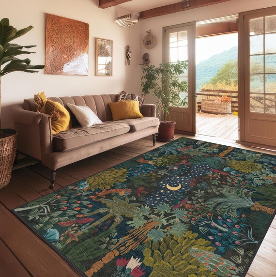 Boho Night Sky Jungle Rug, Moon and Stars