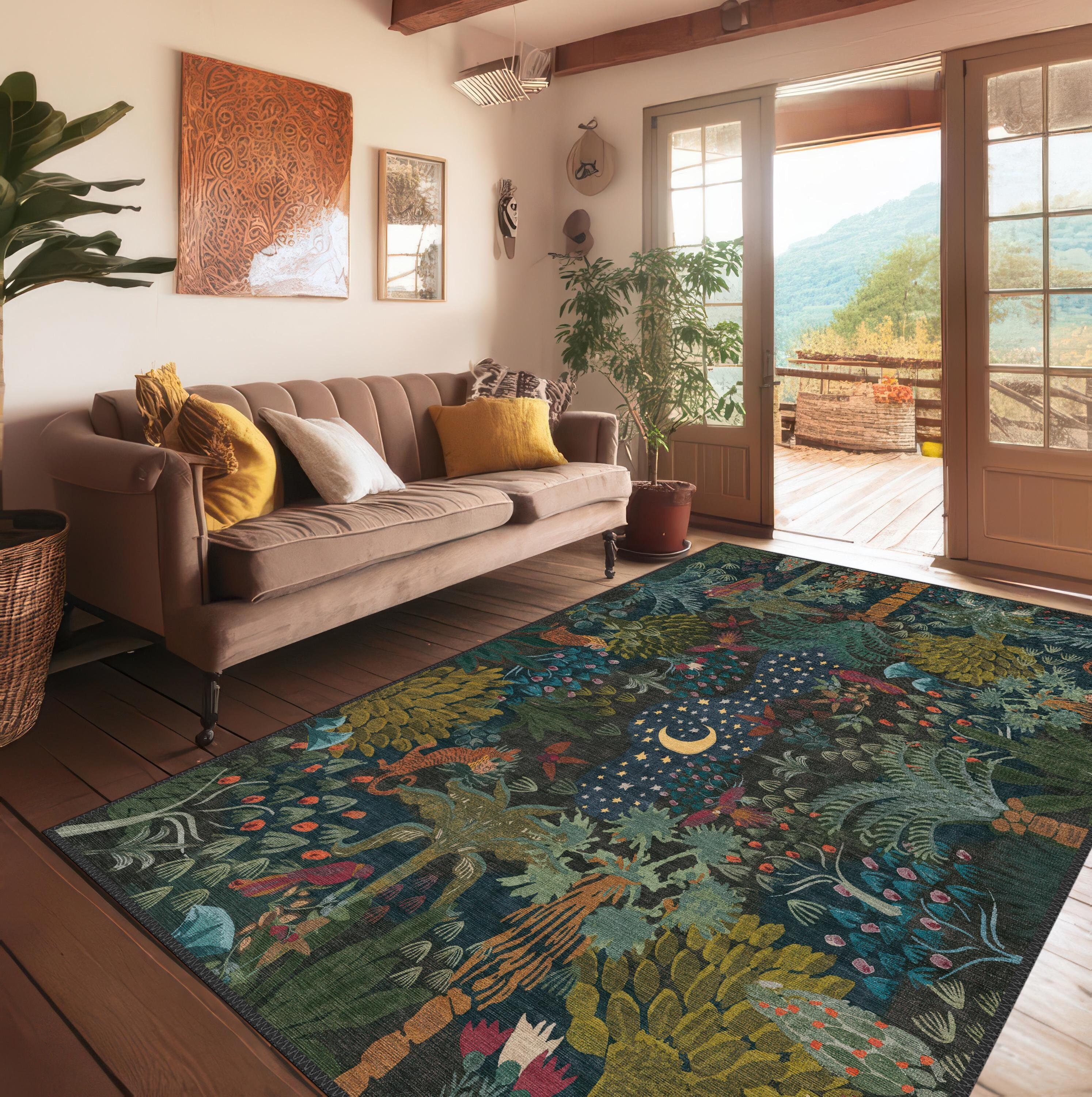 Whimsical Night Sky Rug, Moon, Stars and Lush Jungle Vibes, Boho Nature Rug, Vibrant Carpet for Living Spaces, Artistic Moon Forest Rug