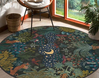 Nature&#39;s Moonlight Round Rug, Artistic Circular Area Rug, Whimsical Boho Chic Moon and Forest Round Rug, Carpet for Cozy Spaces, Green Rug