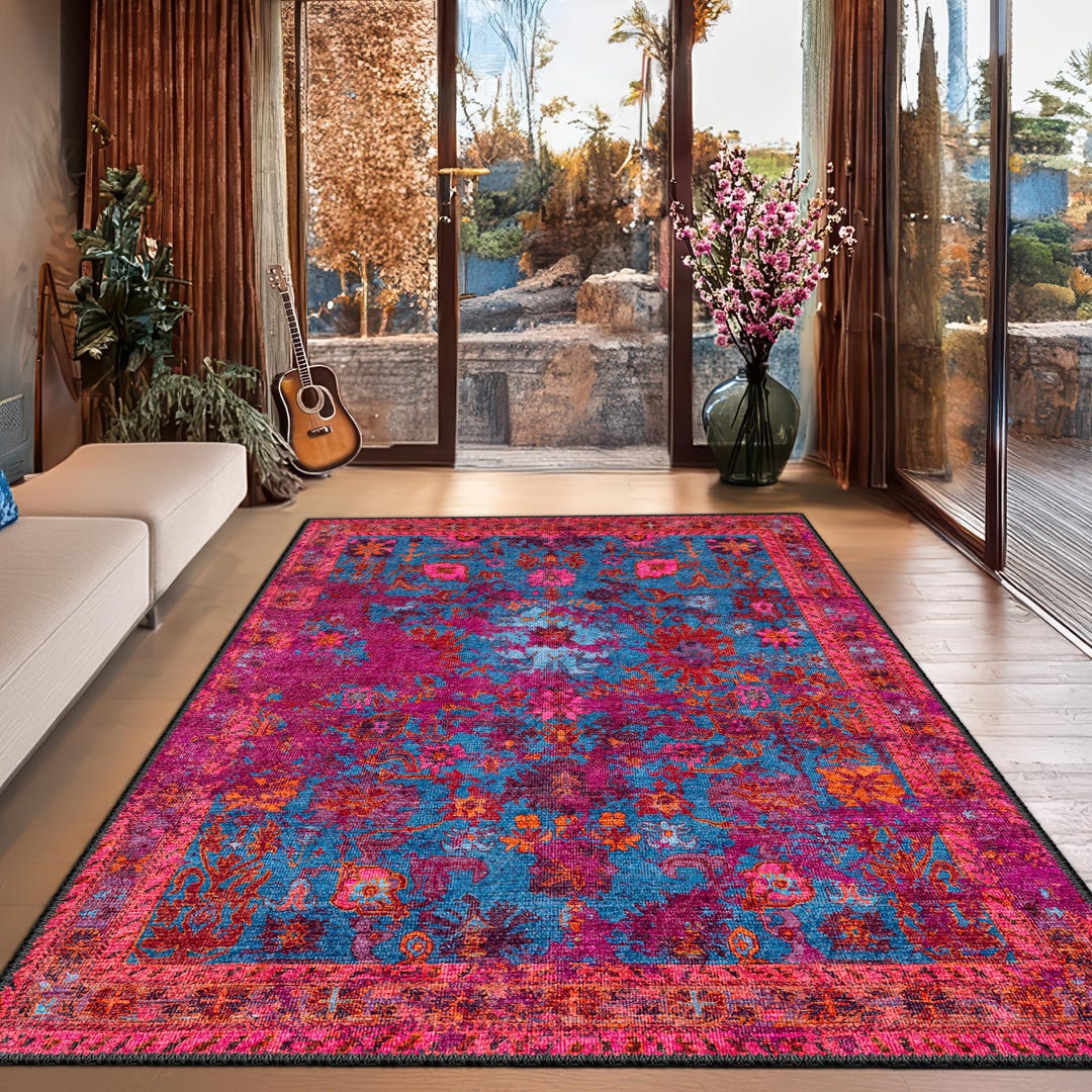 Fuchsia Rug Abstract Fuchsia Oriental Rug, Aqua Blue Washable Carpet - Etsy