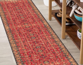 Red Oushak Runner Rug, Traditional Persian Style Carpet