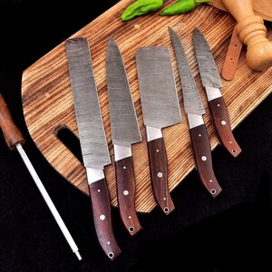 Premium 5-piece Damascus steel knife set, hand-forged, high-carbon steel, chef's knife, paring knife, fillet knife, brisket knife, sharpening rod
Damascus steel 5-piece knife set, kitchen essentials, gourmet cooking, BBQ, chef's tools, hand-sharpened