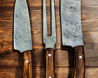3 Piece Handmade Damascus BBQ Knife Set with Leather Roll | Chef Knife, Cleaver & Carving Fork | Gift for Christmas, thanksgiving, wedding
