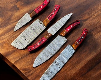Hand Forged Damascus Chef Knife Set – 5 Piece Professional Kitchen Knives with Exotic Red Wood Handles | BBQ & Cooking Knife Gift Set