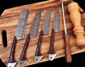 Handmade Damascus BBQ Knife Set: Rosewood Handle, Leather Roll