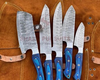 Hand Forged 5-Pieces Damascus Knives set, Premium Kitchen Knives, Wooden Knives set with Leather Roll, Thanksgiving Gift, Christmas Gift
