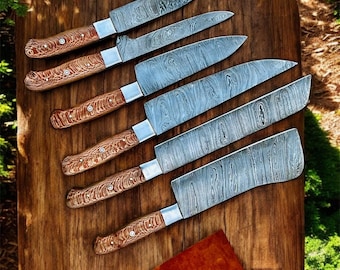 Hand Forged Damascus Knife Set with Leather Roll – High Carbon Steel Cleaver, Butcher, Boning & Utility Knives | Handmade Kitchen Gift