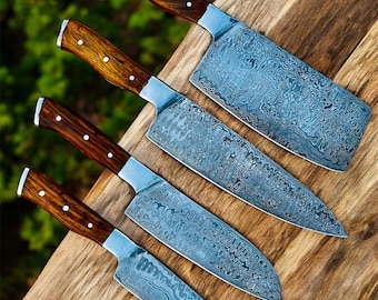 Hand forged 4-pieces Kitchen/outdoor knives set, Damascus Knives Set with Wooden Handle, Gift for Chef, thanksgiving gift idea, leather Roll