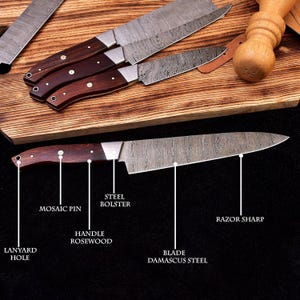 Prepping for BBQ with 5-piece knife set"
 "Cooking dinner with Damascus steel knife set"
"Food preparation with 5-piece knife set"
Slicing meat with 13-inch brisket knife
Gourmet cooking with Damascus steel knife set