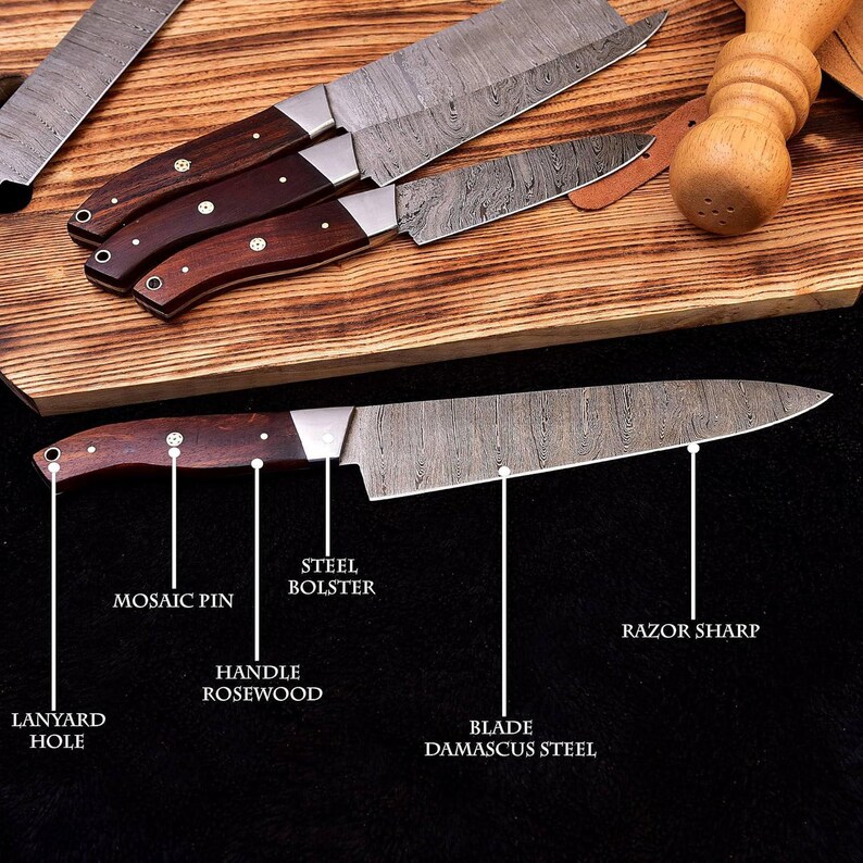 Prepping for BBQ with 5-piece knife set"
 "Cooking dinner with Damascus steel knife set"
"Food preparation with 5-piece knife set"
Slicing meat with 13-inch brisket knife
Gourmet cooking with Damascus steel knife set