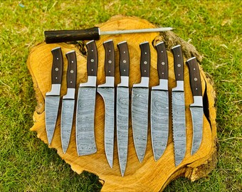 Damascus Steel Chef knife set-8Pieces Professional Kitchen Knives with Wood Handle | Handmade Cooking, Kitchen set, Gift for Christmas