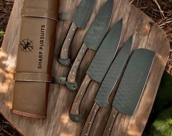 Hand Forged Chef Knife Set- 5 Piece Black coated High Carbon steel Knives with Leather Roll | Professional BBQ, outdoor & Cooking Knife set