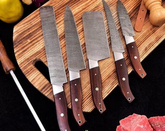 Handmade Damascus Knife Set with Leather Roll | 6 Piece Professional Chef Knives, Cleaver, Kitchen Tool | BBQ & Cooking Gift Set