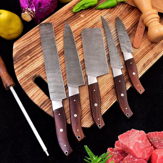 Handmade Damascus Knife Set with Leather Roll | 6 Piece Professional Chef Knives, Cleaver, Kitchen Tool | BBQ & Cooking Gift Set