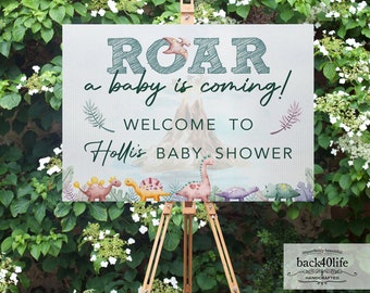 Baby Shower Sign - Roar a Baby is Coming Baby Dino Dinosaur - Welcome Directional Parking Event (K-091r) - Back40Life