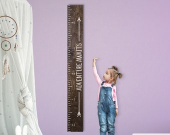 Personalized Wooden Kids Growth Chart - Height Ruler for Boys Girls Size Measuring Stick Family Name - Custom Ruler GC-AA Adventure Awaits