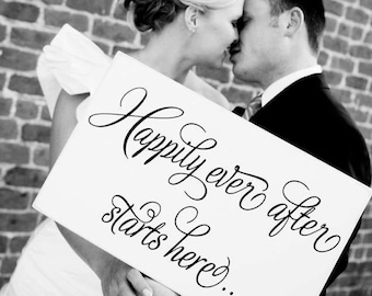 Happily Ever After Starts Here Painted Wooden Wedding Sign (W-024) - Back40Life