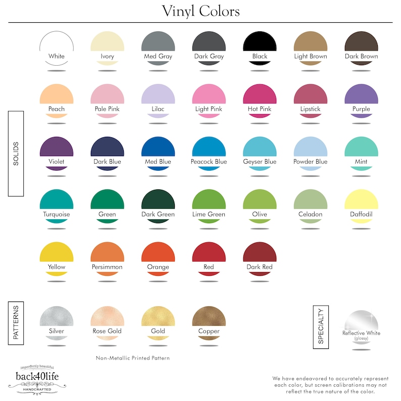 May include: A chart showing a variety of vinyl colors and patterns for crafting projects. The chart includes solid colors like white, ivory, peach, pale pink, lilac, light pink, hot pink, lipstick, purple, violet, dark blue, medium blue, peacock blue, geyser blue, powder blue, mint, turquoise, green, dark green, lime green, olive, celadon, daffodil, yellow, persimmon, orange, red, and dark red. It also includes patterns like silver, rose gold, gold, and copper. The chart is titled "Vinyl Colors".