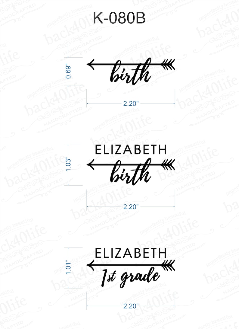 May include: Black and white arrow design with the text "birth" and "ELIZABETH birth" and "ELIZABETH 1st grade". The design is 2.20 inches wide and 0.69, 1.03, and 1.01 inches tall.