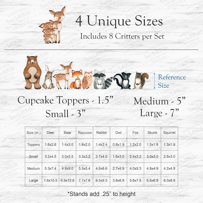 May include: A chart showing the different sizes of woodland animal cupcake toppers. The chart shows the size of each topper in inches, with the following animals: deer, bear, raccoon, rabbit, owl, fox, skunk, and squirrel. The chart also includes the text "4 Unique Sizes" and "Includes 8 Critters per Set".