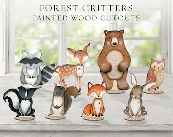 Forest Critters Set of 8 - Cute Animal Woodland Painted Wooden Cutout Baby Shower Gift Personalized Woodland Babies Art Creature PC-001